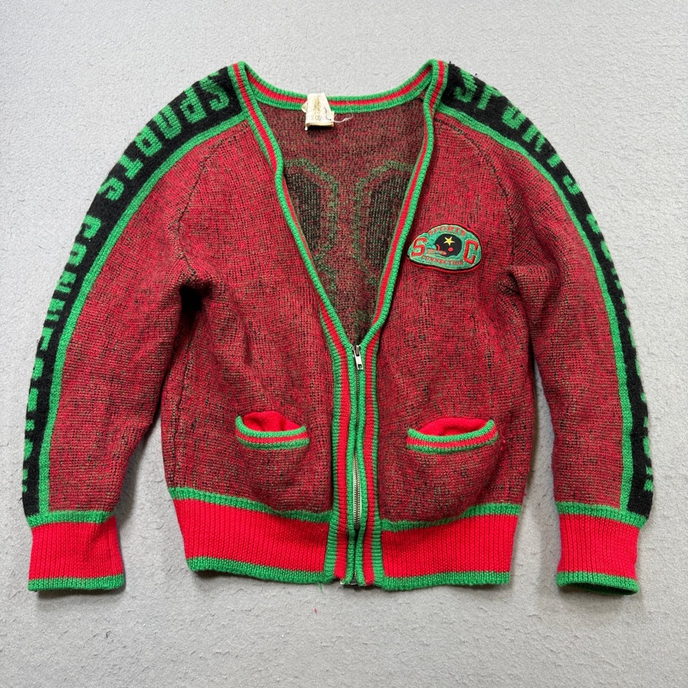 80s Wool Knit Sweater Sz Medium Red Green Black Varsity 28 Sleeve Spellout